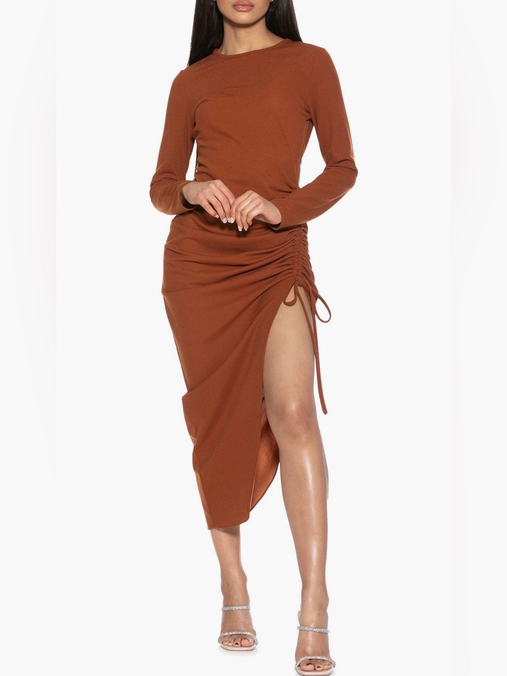 Alexia Admor Long Sleeve Ruched Maxi Dress in Burgundy